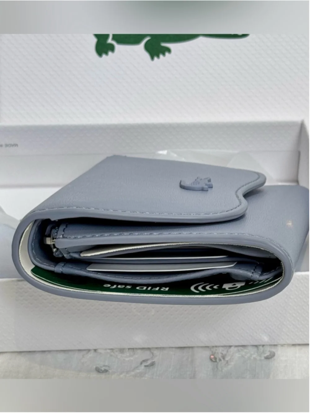 NWT Lacoste Lora RFID Leather Compact Wallet Tradewinds Blue